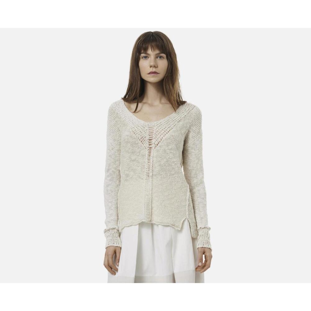Rebecca Taylor Cream Long Sleeve Metallic Distressed Sweater - Size - Large